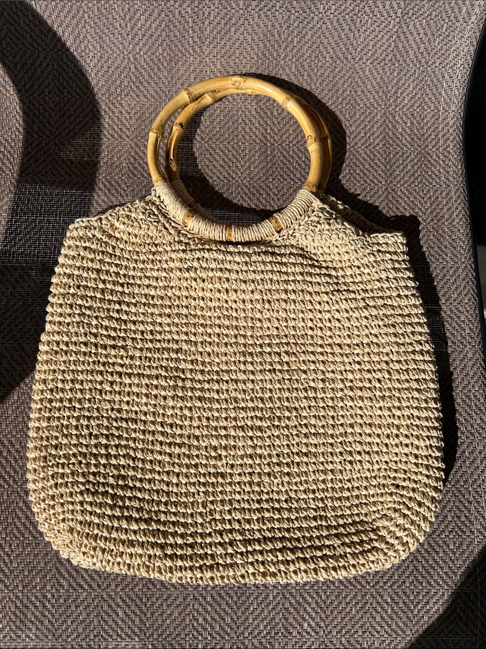 Faded Glory Authentic Vintage Neutral Woven Straw Tote with Bamboo Handles.
